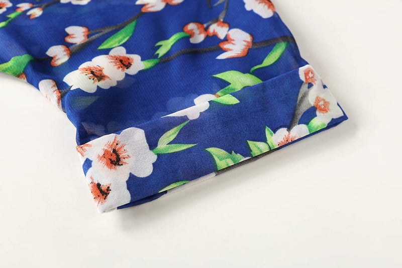 olrain Women's Floral Print Sheer Chiffon 3/4 Bat Sleeve Casual Loose Kimono Cardigan Capes (XX-Large, Blue) - Image 5